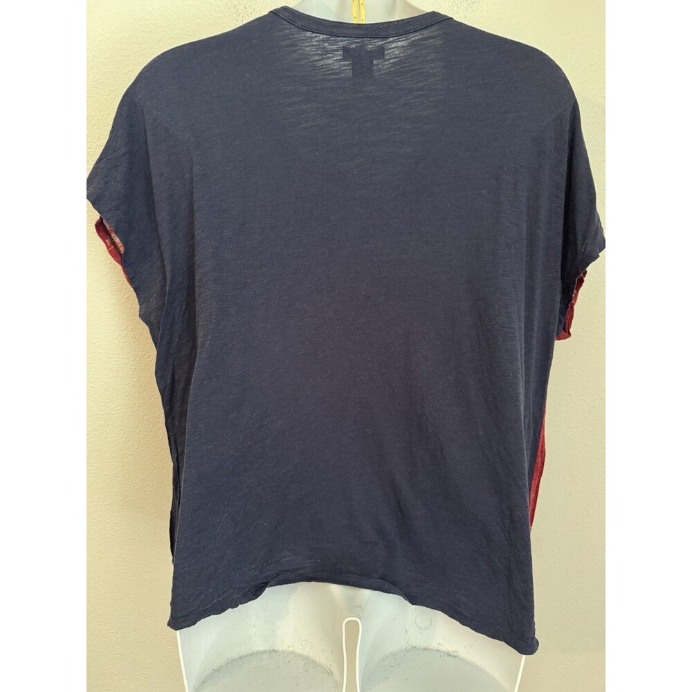Lucky Brand Boho Top Tee 3X Blue Red Print Cap Short Sleeve V-Neck Knit - Picture 3 of 6